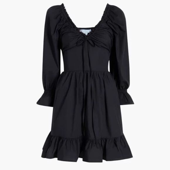Hill House Samantha Cotton Long 3/4 Sleeve V Neck Ruffle A Line Mini Dress Black - Picture 11 of 11